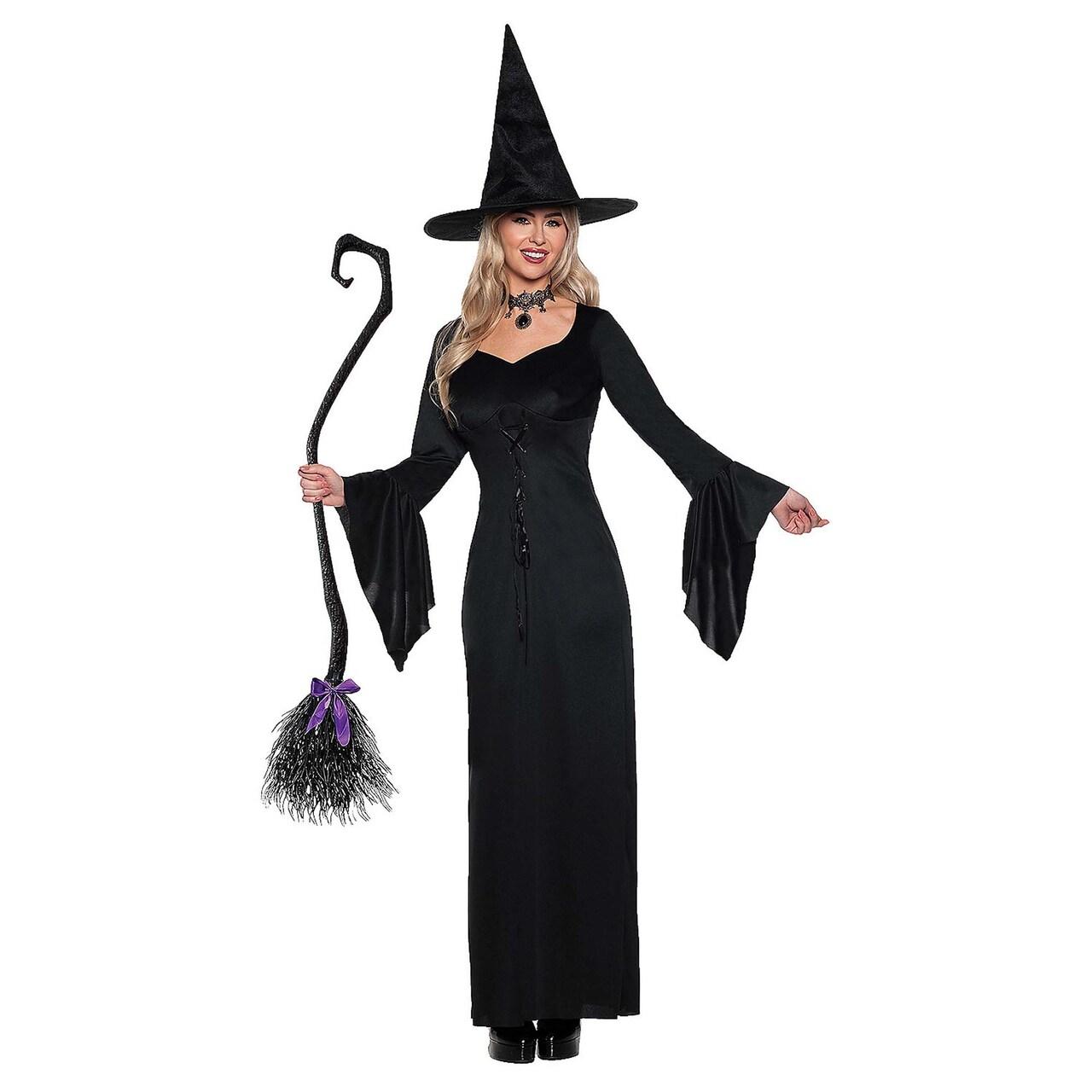 Women's Enchanting Witch Costume Velvety Full-Length Dress with Bell Sleeves Medium